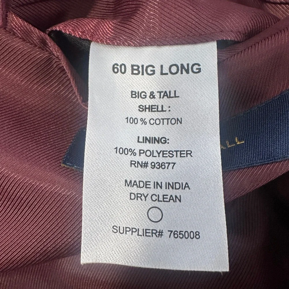 Stafford Mens 60 Long Sport Coat Burgundy Windowpane Cotton Big & Tall Blazer